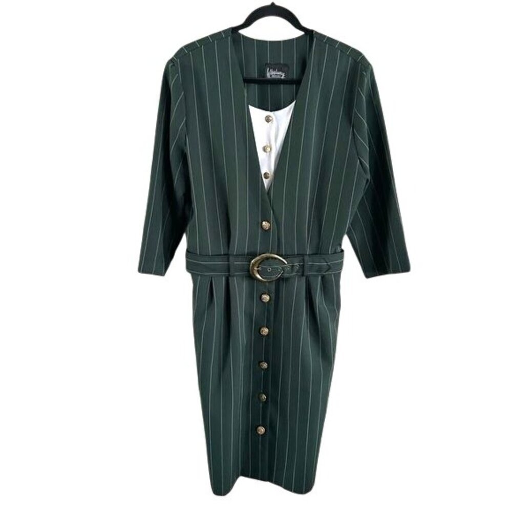 Vintage Whirlaway Frocks Pinstriped Belted Button Front Dress 80s 90s Green 16P